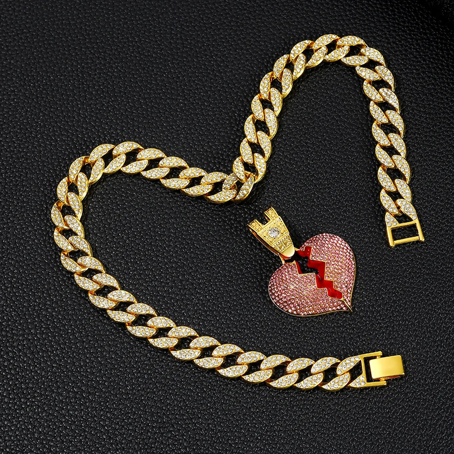 Iced out 15mm miami cuban chain jewelry alloy and rhinestone hip hop pink heart pendant necklace 250313