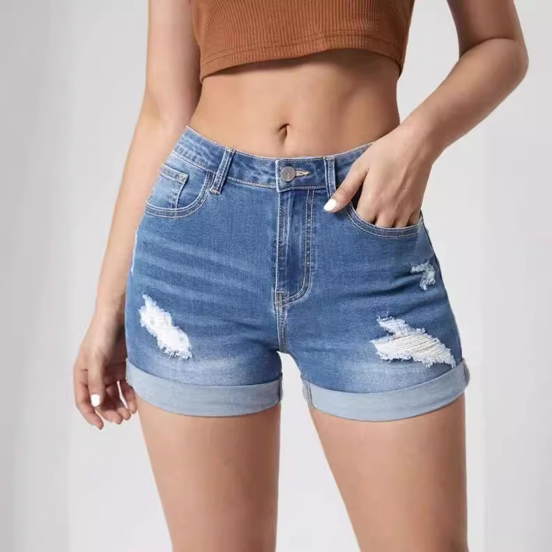 Fashionable Rolled Hole Elastic High Waisted Denim Shorts Sexy And Personalized Spicy Hot Pants Casual Women's Shorts