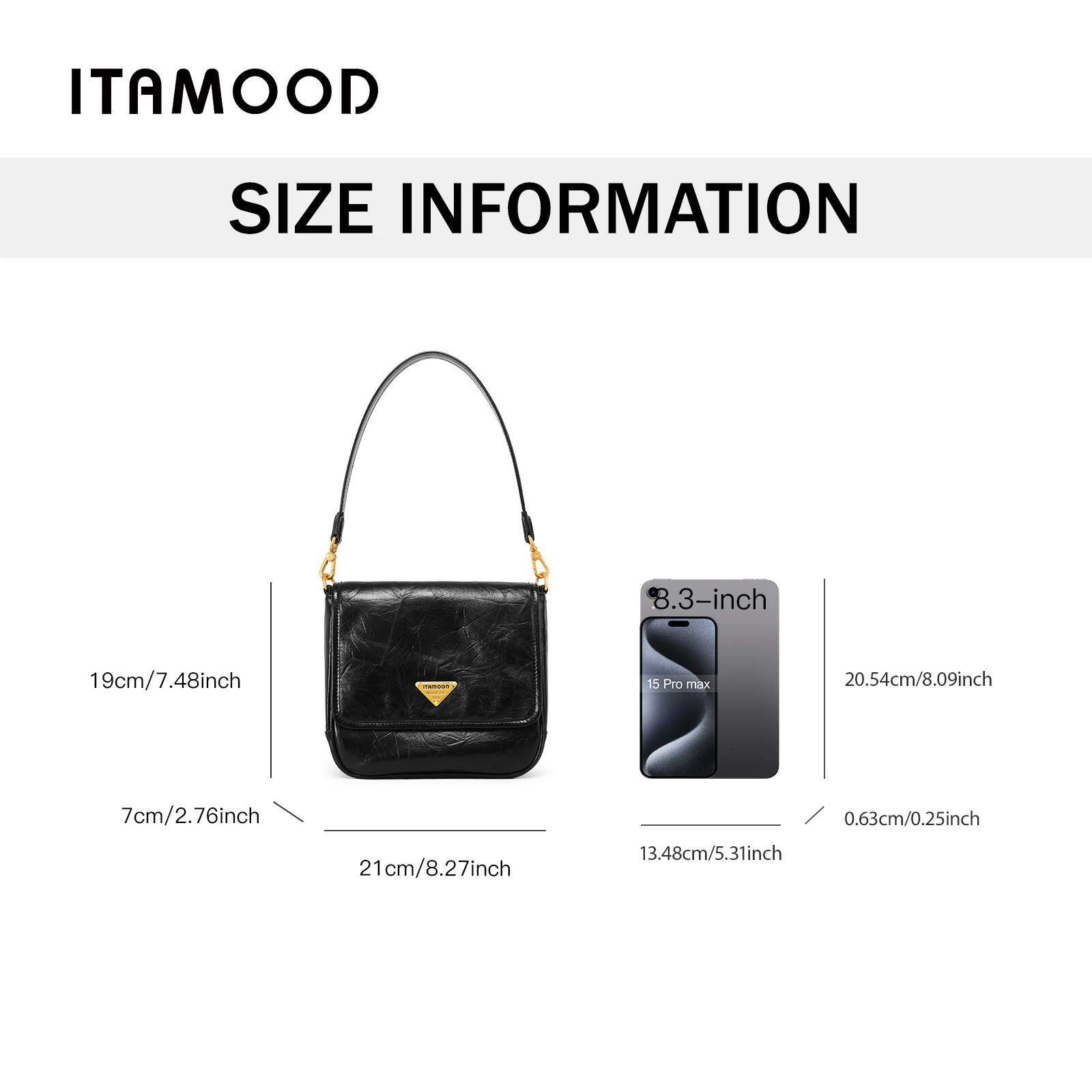 ITAMOOD Vintage-Style Shoulder Bag With Adjustable Strap 2-Layer Cowhide Leather Water-Resistant Magnetic Closure