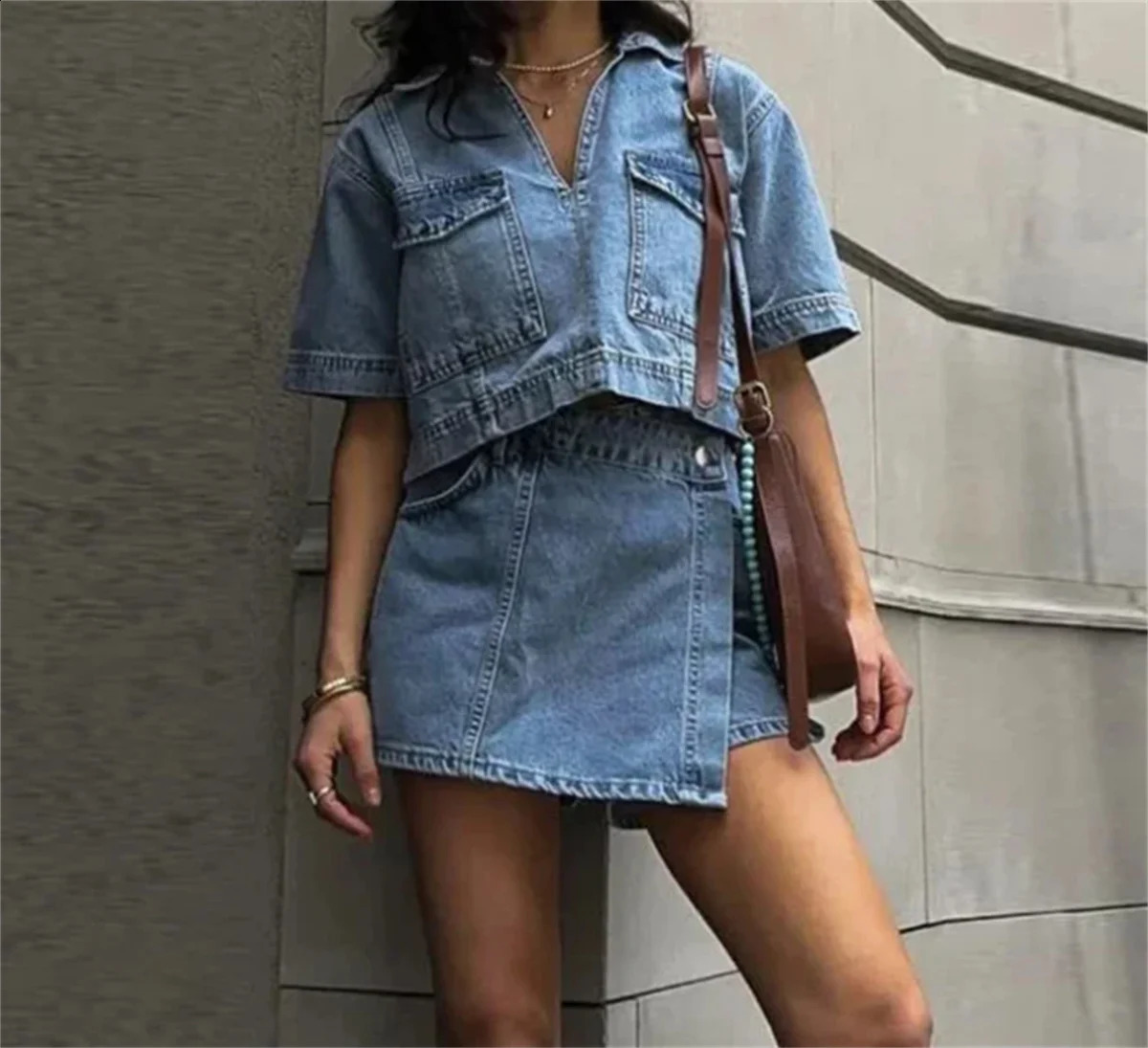 Denim 2 Piece Set For Women Solid Fashion In Flip Pocket V Neck Shirt Top Asymmetric Shorts Skirt Lady Y2k Streetwear 250318
