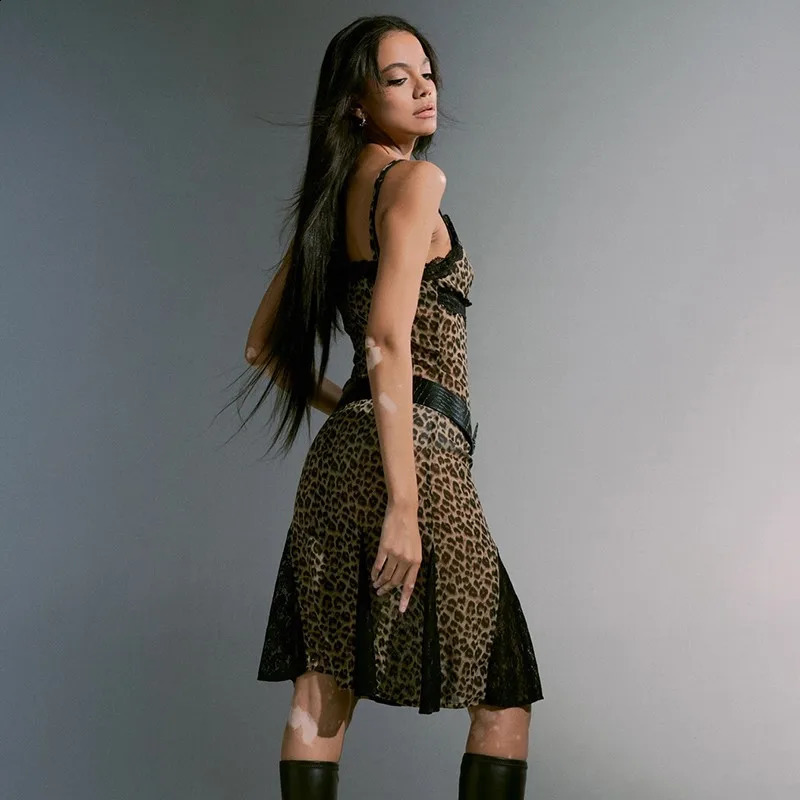 Karrcat Grunge Aesthetics Leopard Print Dress Trashy Y2k Spaghetti Strap Midi Dress Vintage 2000s Punk Party Lace Dress American 250319
