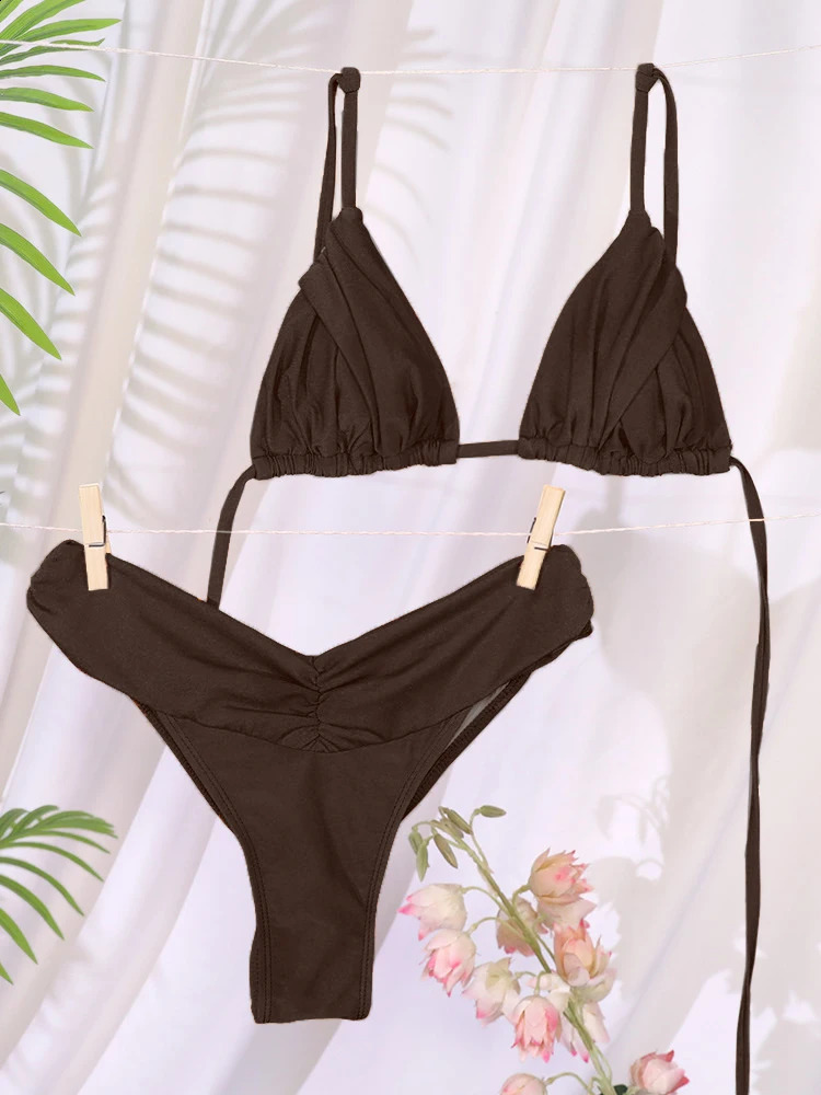 2025 High Waist Sexy Folding Bikini Set Solid Micro Womens Swimsuit Triangle Beach 250311