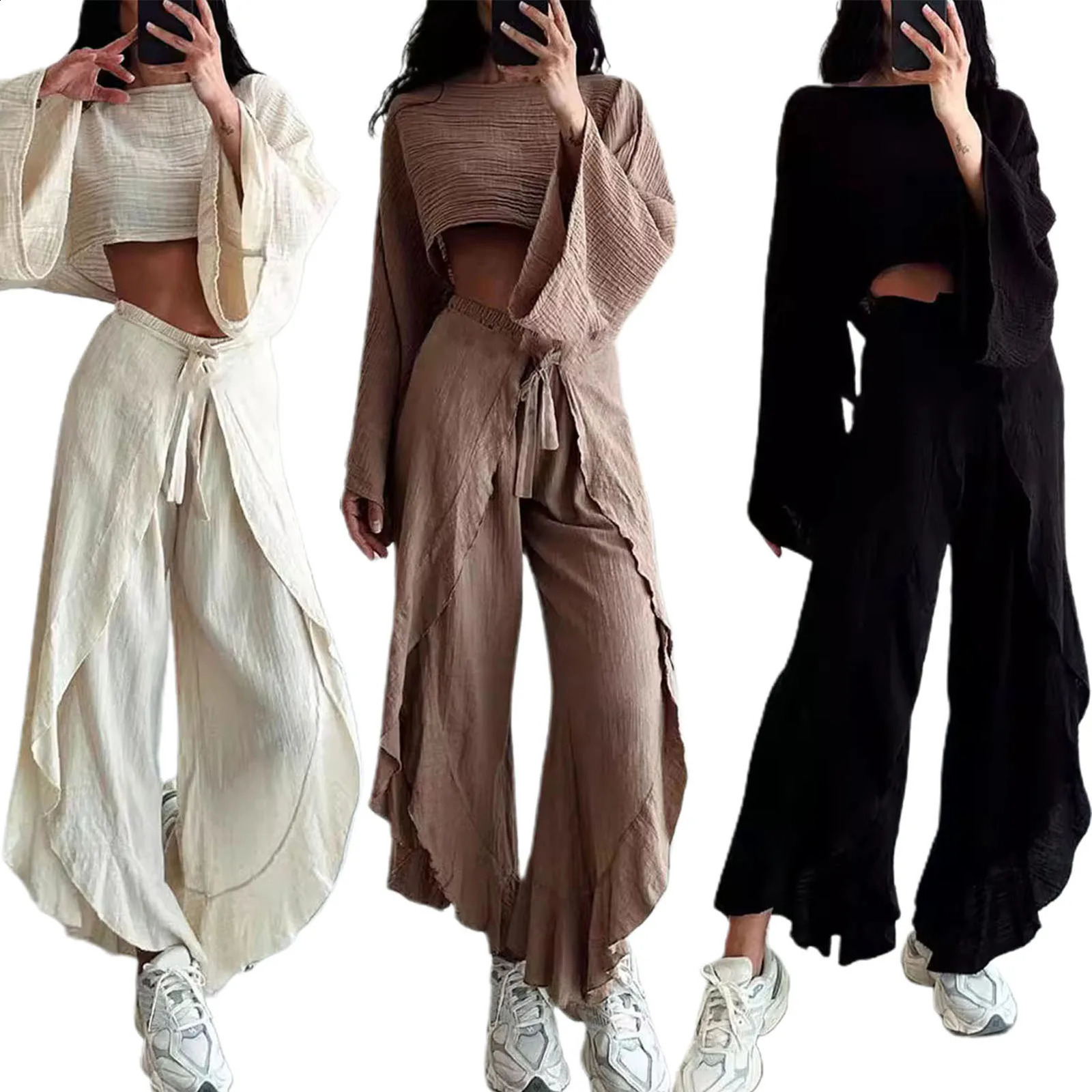 2 PcsSet Women Crop Top Skirt Set Long Sleeve Short Top High Waist Split Skirt Beach Bikini Coverup Lady Party Top Skirts Set 250319