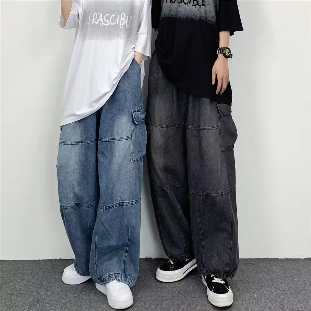 Mens Wideleg Jeans Casual Trendy Large Pocket Denim Pants Four Seasons Loose Straight Leg Versatile Men Women 250319