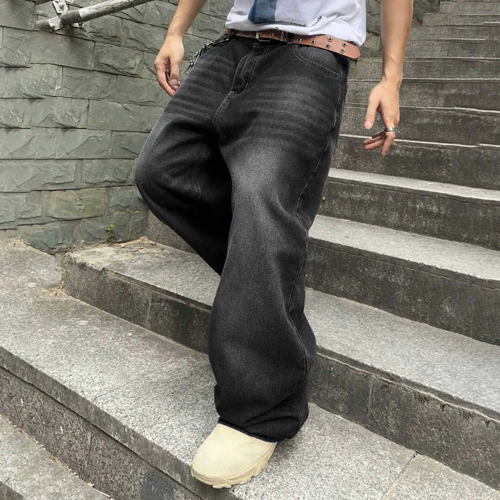 2025 New Y2k Autumn/Winter Pocket Jeans Mens Pocket Hip Hop Jeans Wide Leg Business Jeans Trend Fashion Zipper PantsT250319