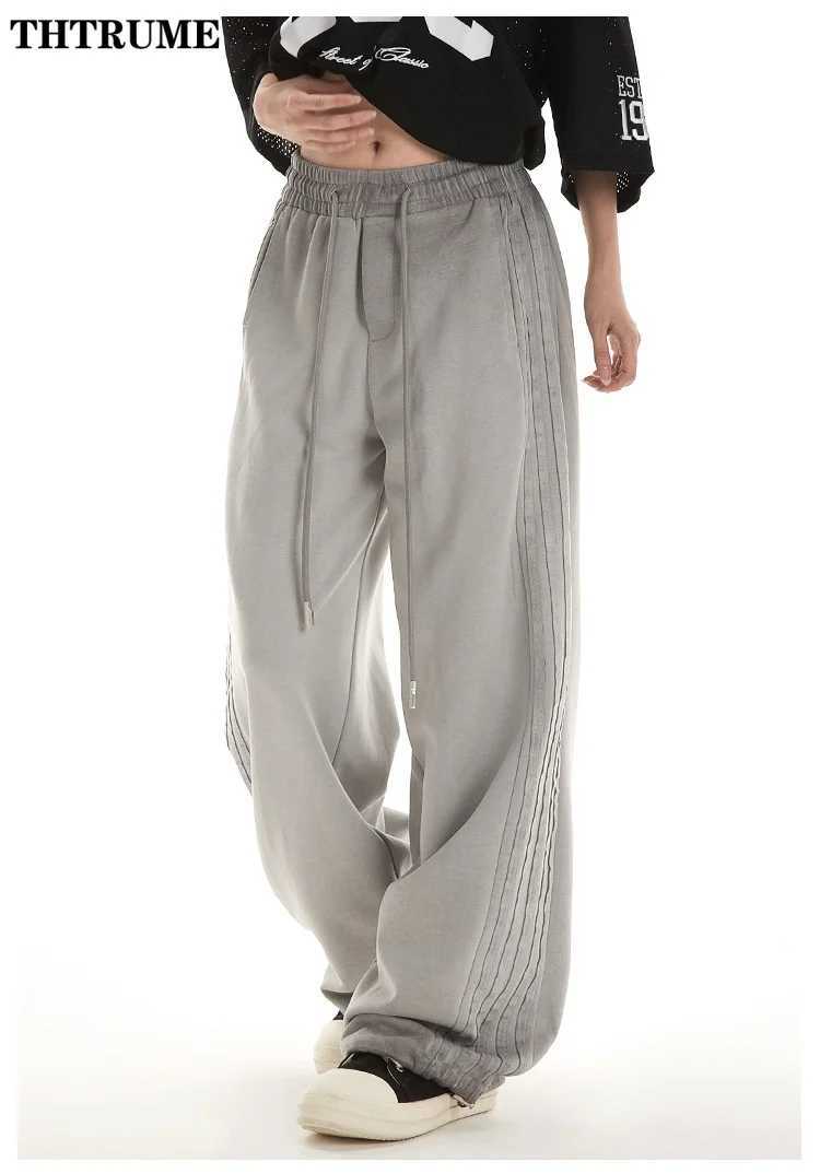 Harajuku Striped Loose Pocket Pants Womens Fashion Drawstring Retro Pocket Cargo Pants Street Clothing Sports Pants TrousersT250318