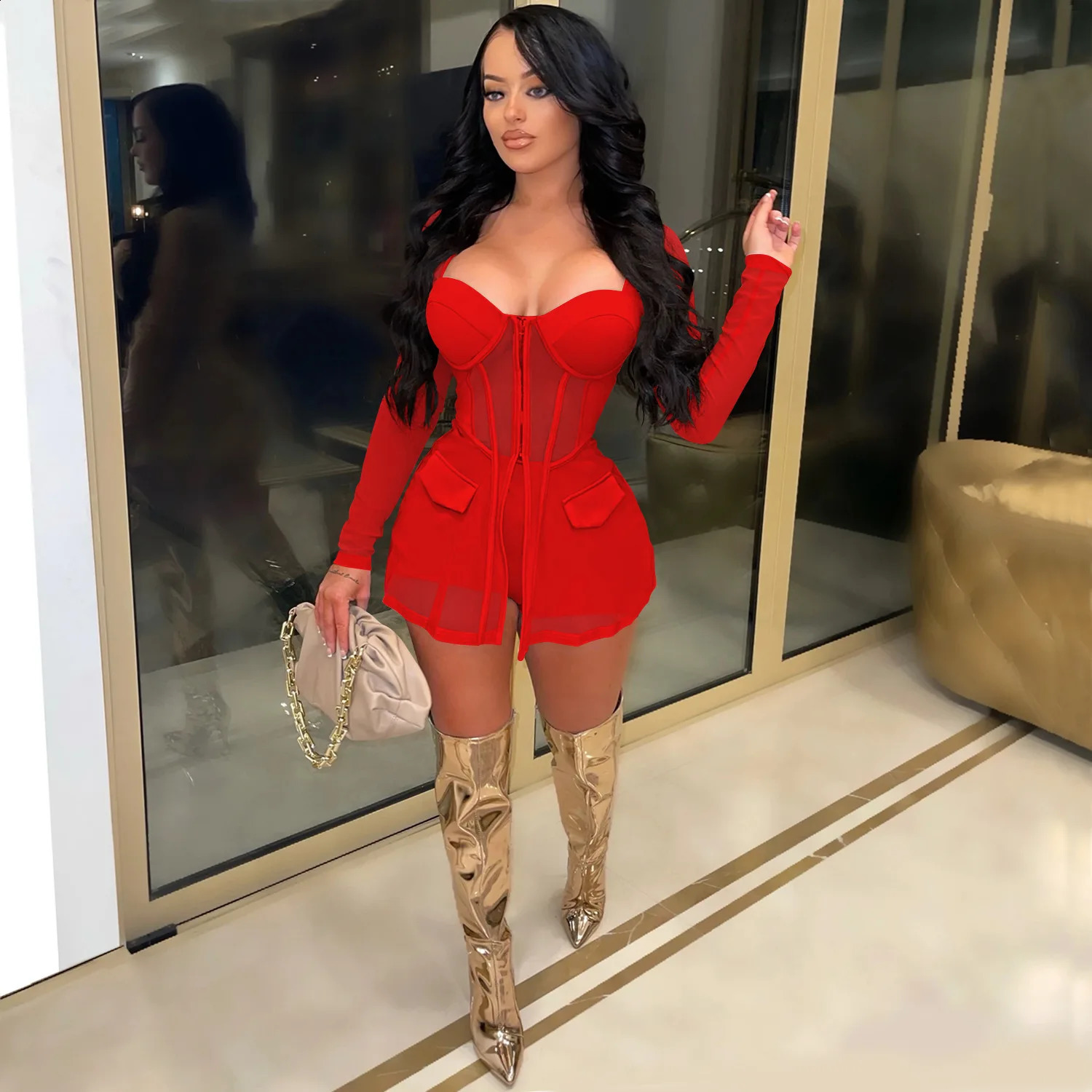 Solid transparent mesh see through long sleeved zipper shirt tight corset top and shorts 2-piece set sexy body party womens clothing 250318