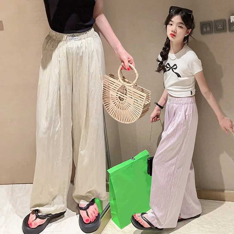 Summer Ice Silk Girls Mosquito Control Panst Kids 2025 Casual Solid Trouser Childrens Stretch Waist Wide Leg PantsT250318