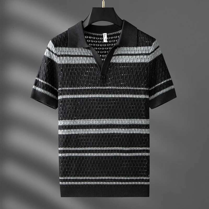 Advanced Design Striped Jacquard Short Sleeve V-Neck POLO Shirt Men's Summer New Trend Korean Hollow Breathable Knit T-Shirt