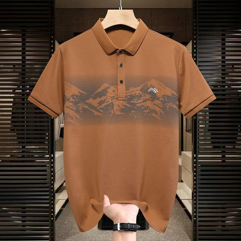 Summer Mens POLO Printed Collar Top Fashionable Business Casual Ice Silk Elastic Quick Drying Short Sleeve T-shirt 250317