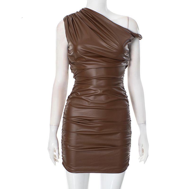 Sanhu Lianjiang H24DS298 Women's Leather Imitation Splicing Slant Collar Twisted Folded Hip Wrapping Dress