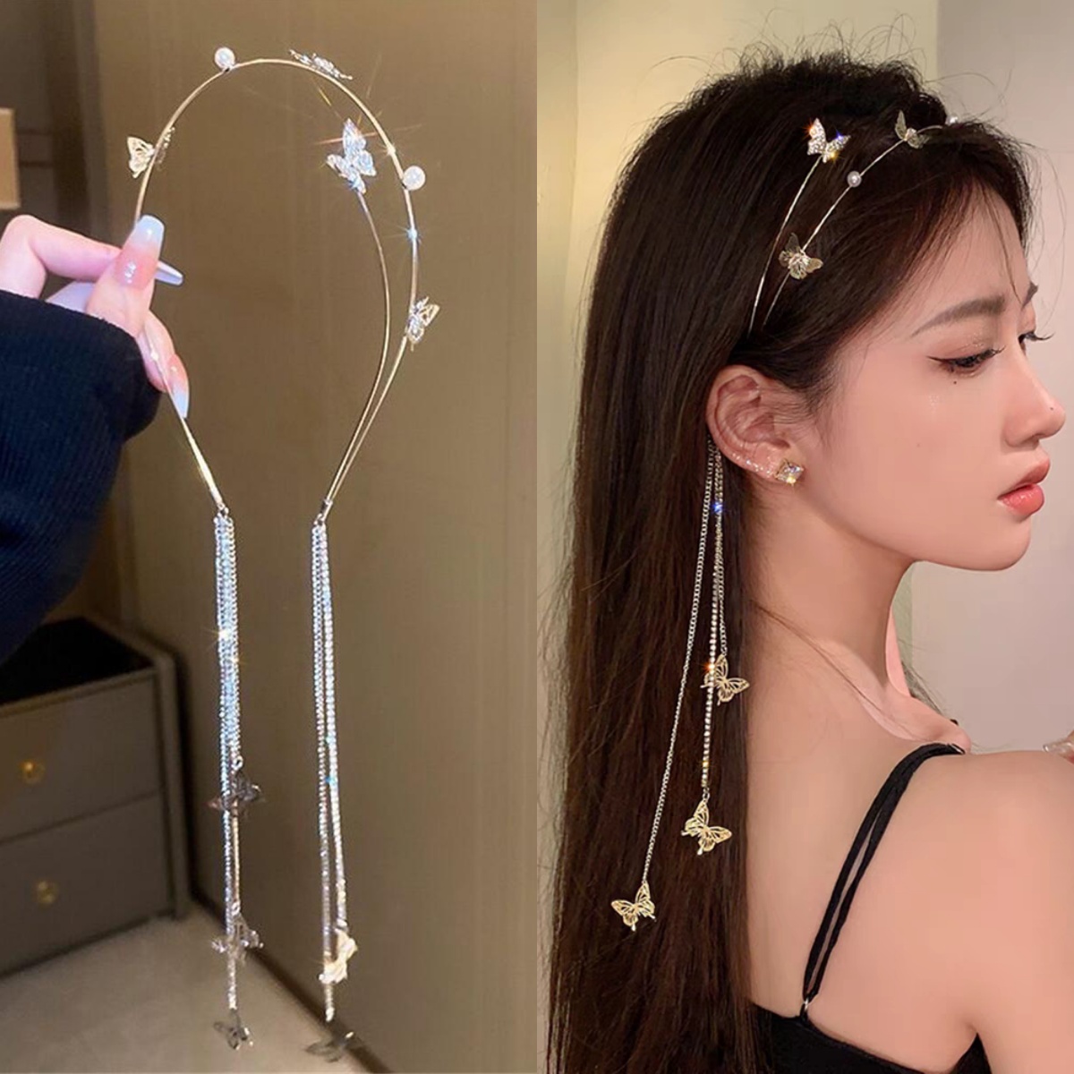 Elegant Shiny Butterfly Fringe Hair Accessory Embellished with Water Drops Ideal for All Events