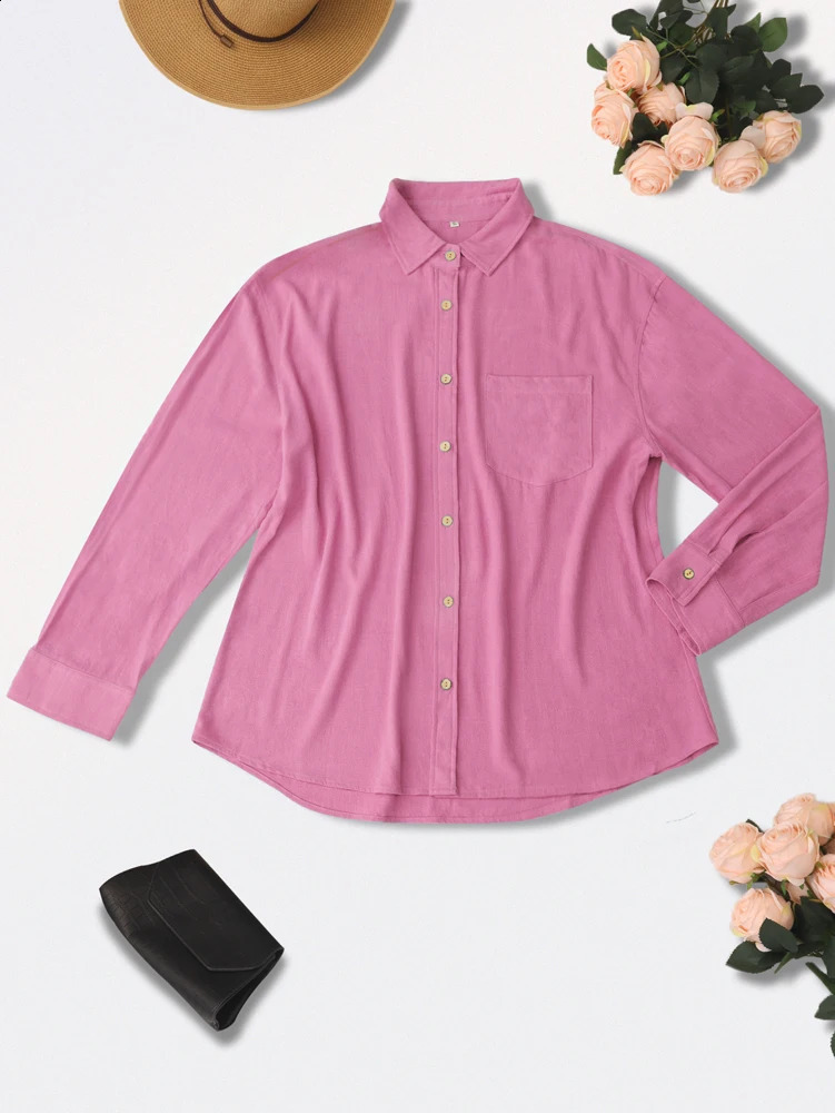 2025 SpringSummer Womens Long Sleeve Collar Button Regular Edition Solid Color Cotton Linen Shirt 250319