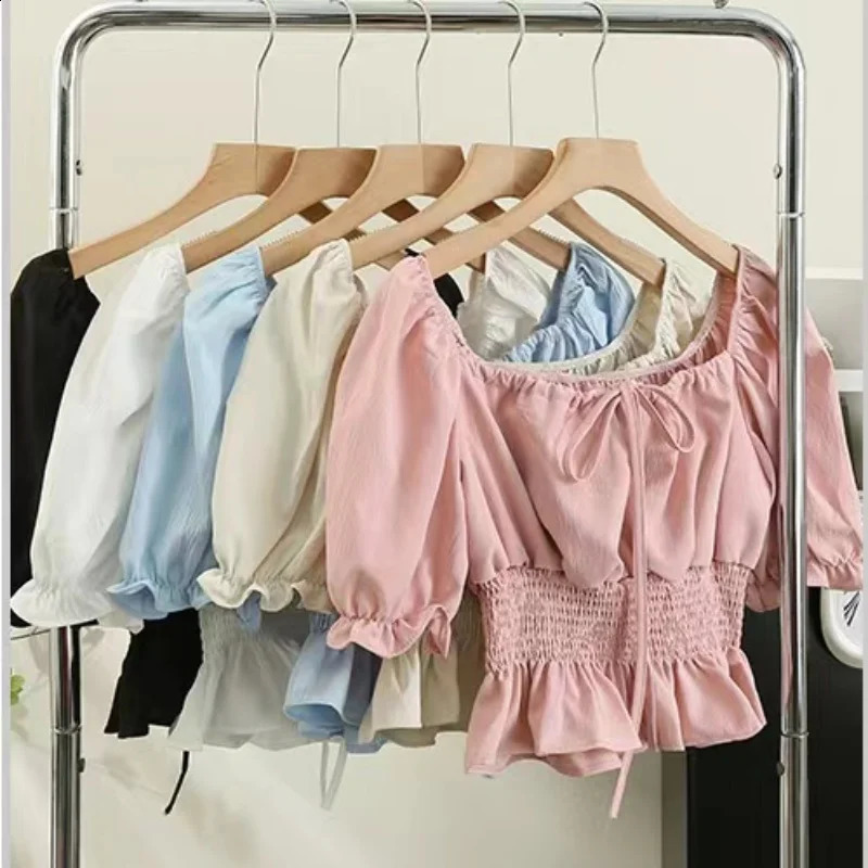 Womens French style shirt and ruffled single line collar short sleeved elastic waist for weight loss casual sweet elegant crop top 250319