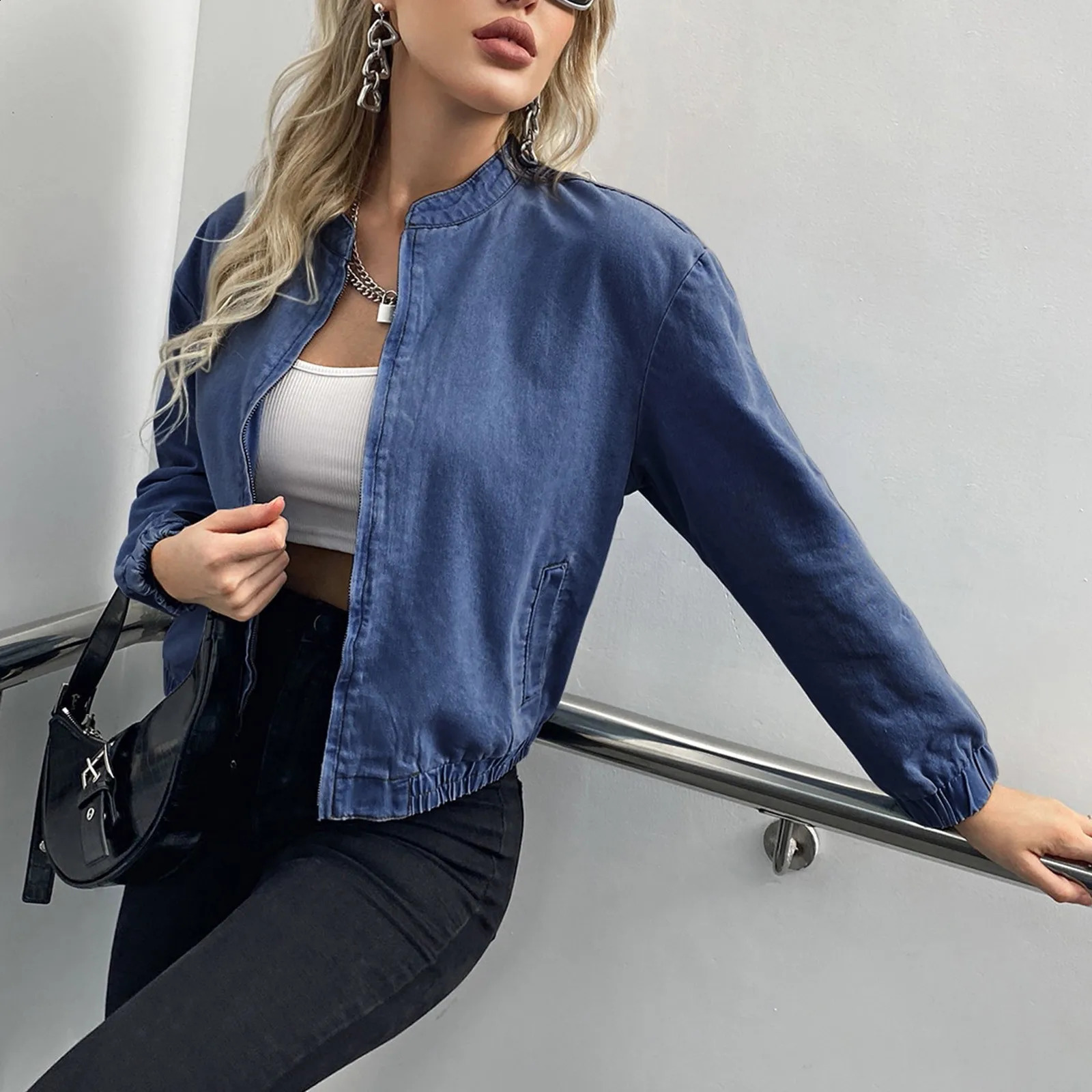 Womens zipper denim jacket womens stand up collar short bomber pocket casual Ropa 250317