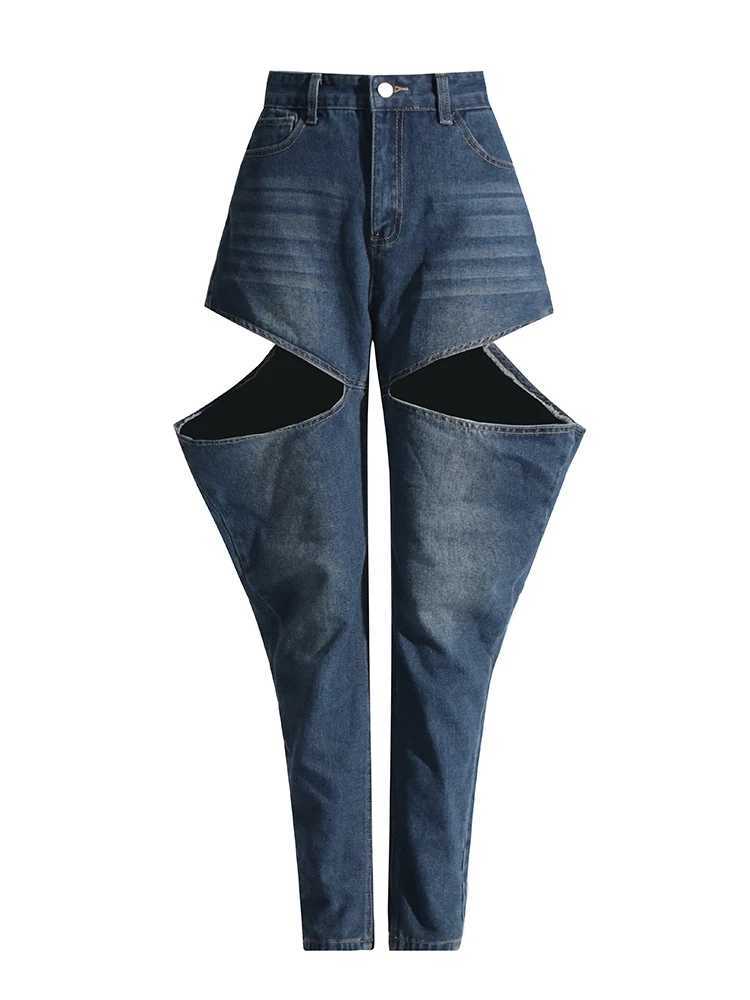VGH Streetwear Womens Hollow Jeans High Waist Retro Casual Loose Straight Leg Jeans Womens Fashion ClothingT250319