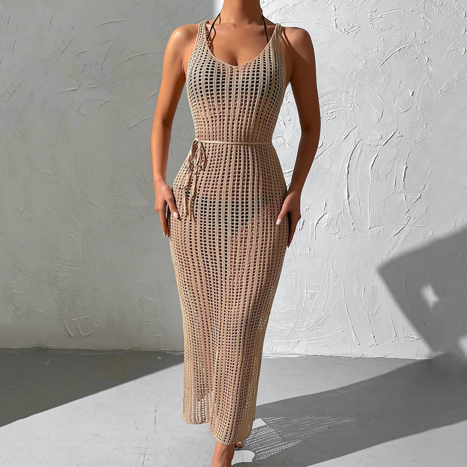 Sexy Sleeveless Knit Dress And Split Skirt Swimwear Pool Beachwear Womens Loose Bathing Suit Hollow Out Cover Ups Saida De Praia 250313