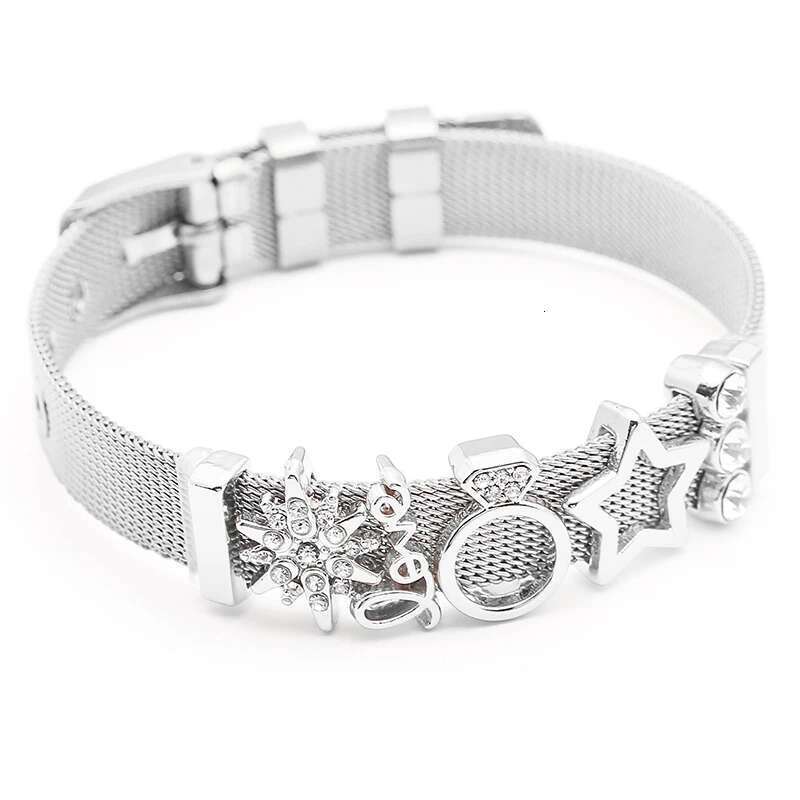 Jewelry Silver Color Stainless Steel Mesh Bracelets Bangles with Love Heart Slide Charms Bracelets for Women Lover Gift