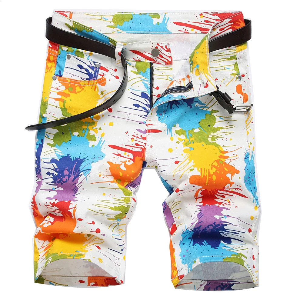 Mens fancy colored painted shorts summer Y2K stretch denim striped digital printed white jeans 250319