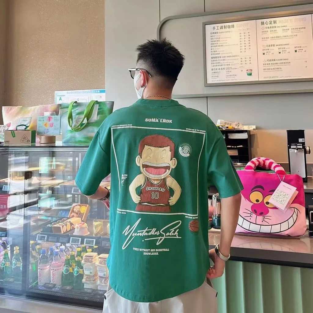 ((M-8XL) Mens oversized T-shirt casual loose Japanese anime dunk printed T-shirt suitable for menT250318