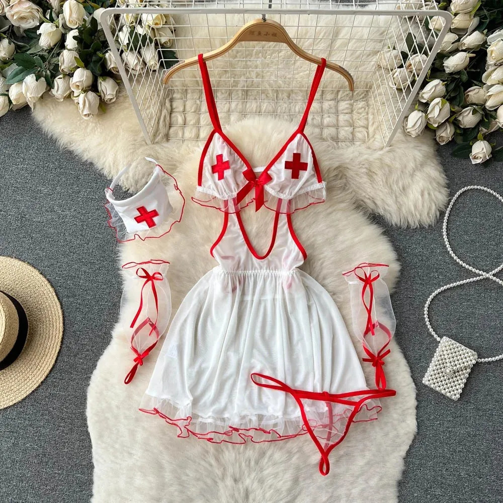 Sexy Cosplay Nurse Uniform Erotic Lingerie Babydoll Dress Flirting Underwear Women CostumeHollow Out 5 Piece Jumpsuit Dresses 250319