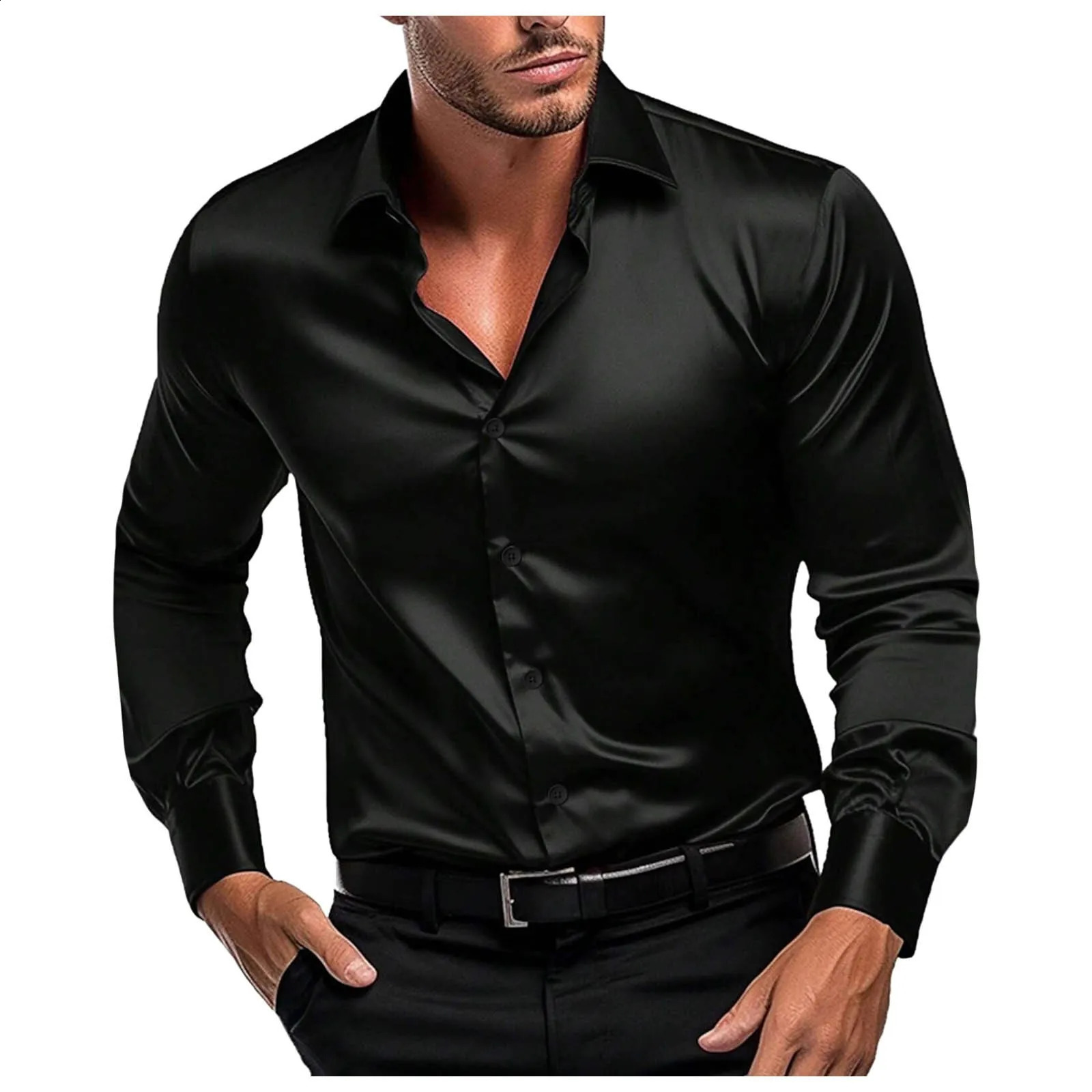 Mens Black Satin Shirt Stretch Wrinkle Formal Wedding Prom Long Sleeve Dress Shirt Casual Bussiness Slim Fit Button Down Shirts 250318