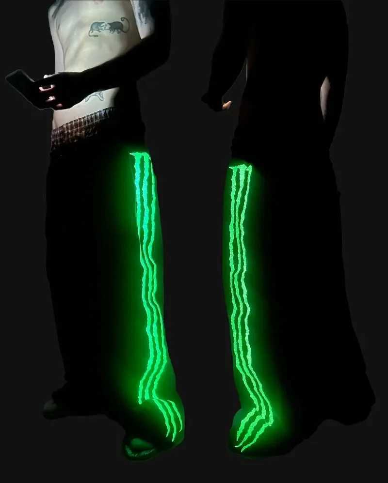 American Street Harajuku Hip-hop Fashion Luminous Extra-large Trousers Striped Print Men Y2k Fashion Loose Cropped Pants WomenT250319