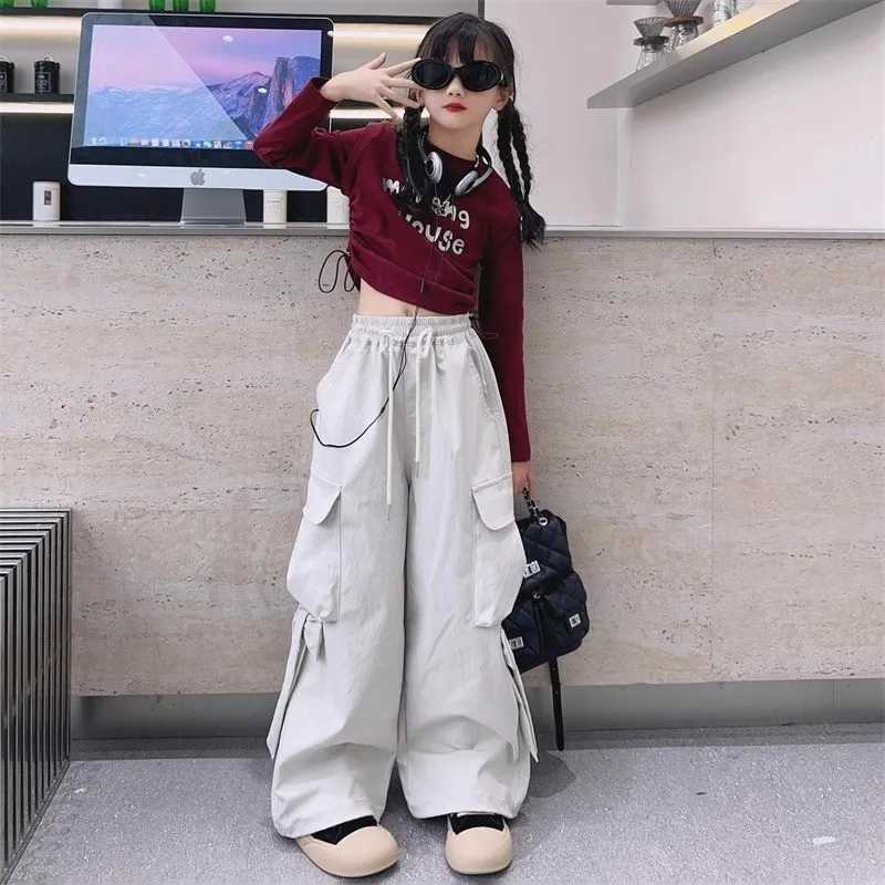 1 Summer Youth Song Set Hip Hop Dancer Girl Costume Bottom Loose Long Leg Cargo Pants Children 4 5 6 7 8 9 11 12T250318