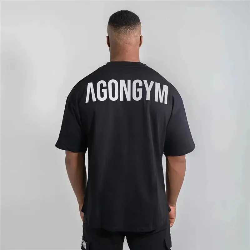 Gym fitness Agongym Health oversized loose T-shirt cotton mens muscle short sleeve gym mens running sports T-shirt short sleeveT250319
