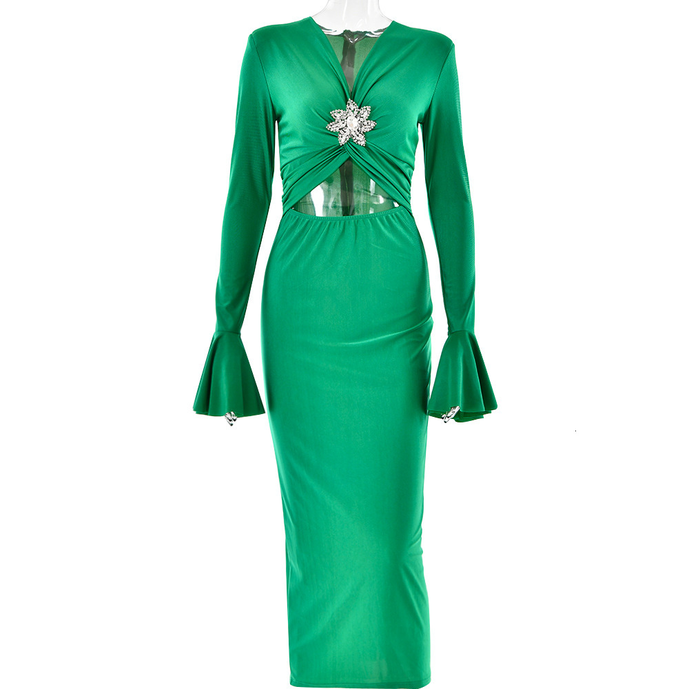 Spring summer new V-neck flared sleeve dress with fashionable temperament and sexy spicy girl tight fish tail skirt