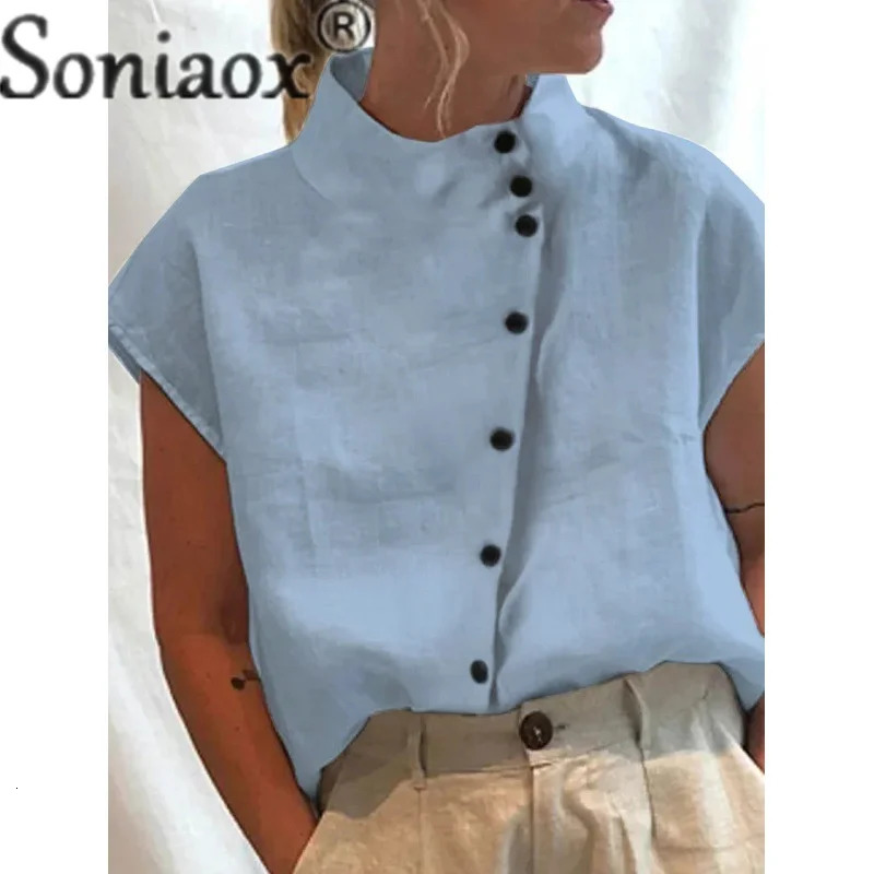 Elegant cotton linen stand up collar womens shirt summer simple style single breasted cardigan womens casual loose shirt 250318