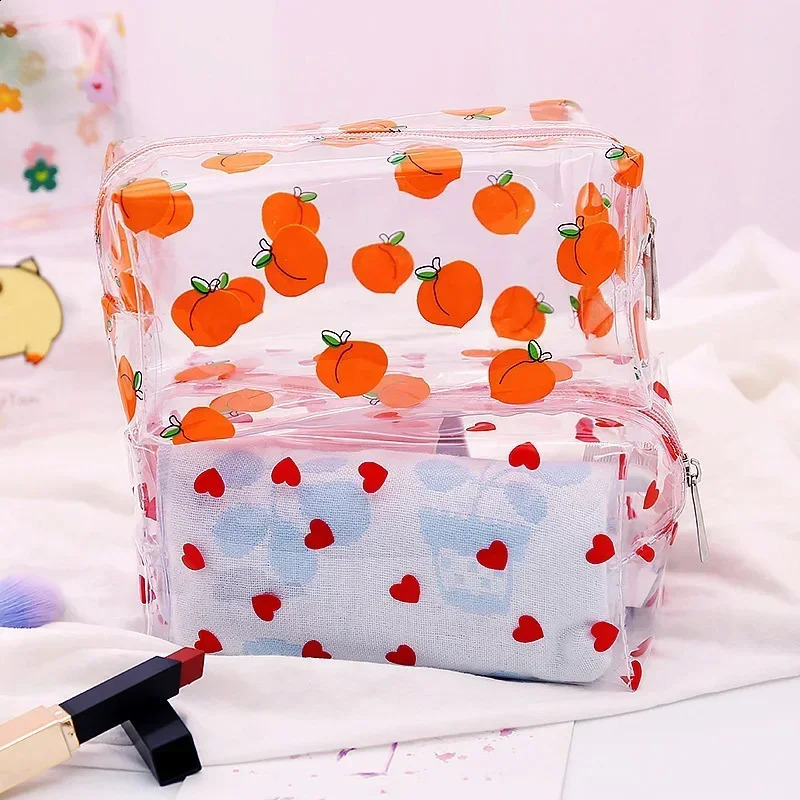 Clear Makeup Bag Fashion Transparent Travel Portable Mini Wash Storage Bags Strawberry Flower Print Women Zipper Cosmetic Bag 250314