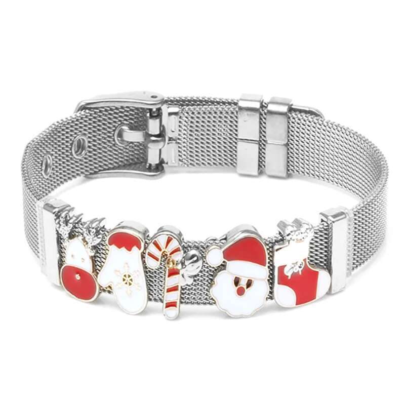 Silver Color Charm Mesh Bracelets For Women Original 10mm Santa Claus Beads Stainless Steel Bracelet Bangle 2021 Christmas Gift