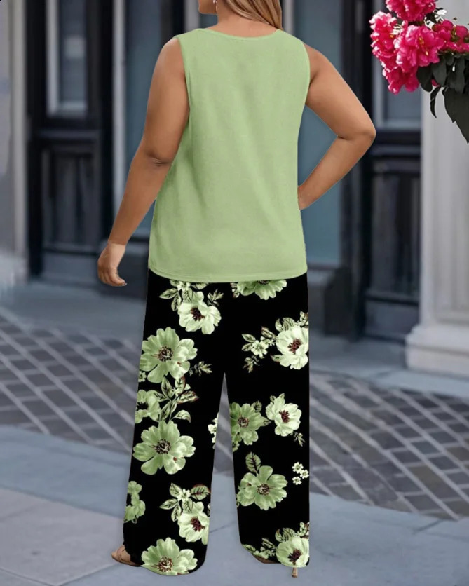 Fashion 2025 Summer 2 Pieces Sets Womens Outfit Round Neck Sleeveless Tank Top and Casual Floral Print Pants Set 250318