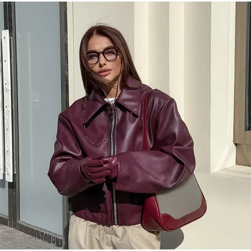 Yaminiya SpringSummer Womens Jacket Fashion Collar Zipper Long Sleeve Coat Street Burgundy Leather 250319
