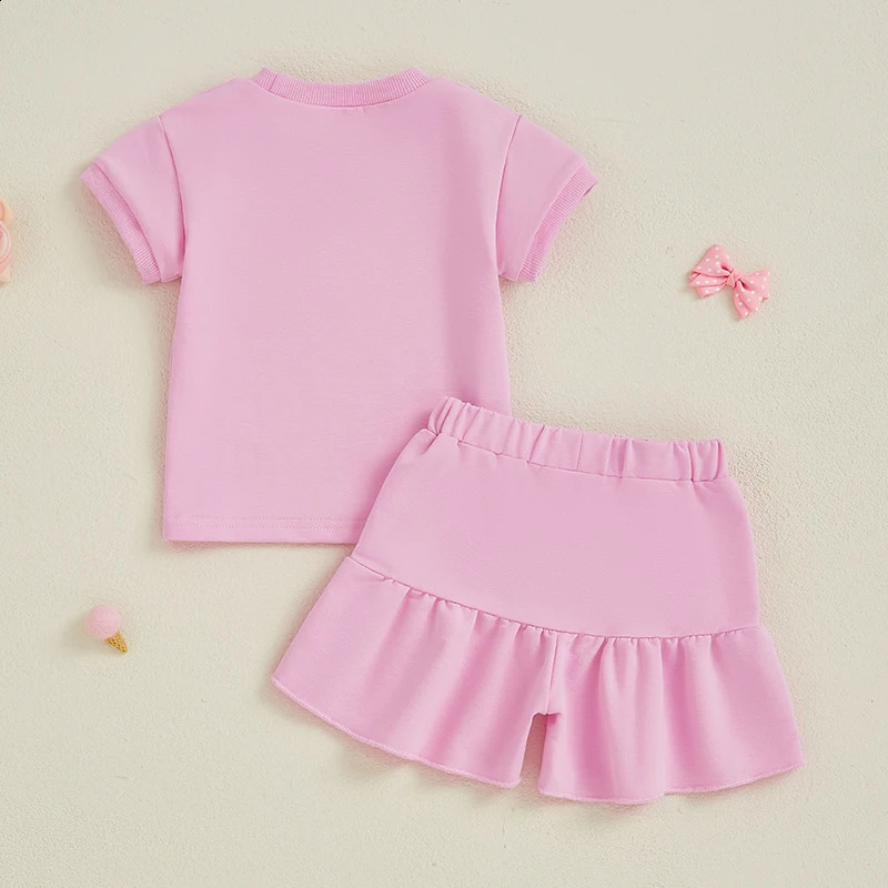 Toddler Girls Summer Outfit Solid Color Short Sleeves T-Shirt and Elastic Ruffle Shorts Set Cute 2 Piece Clothes 250319