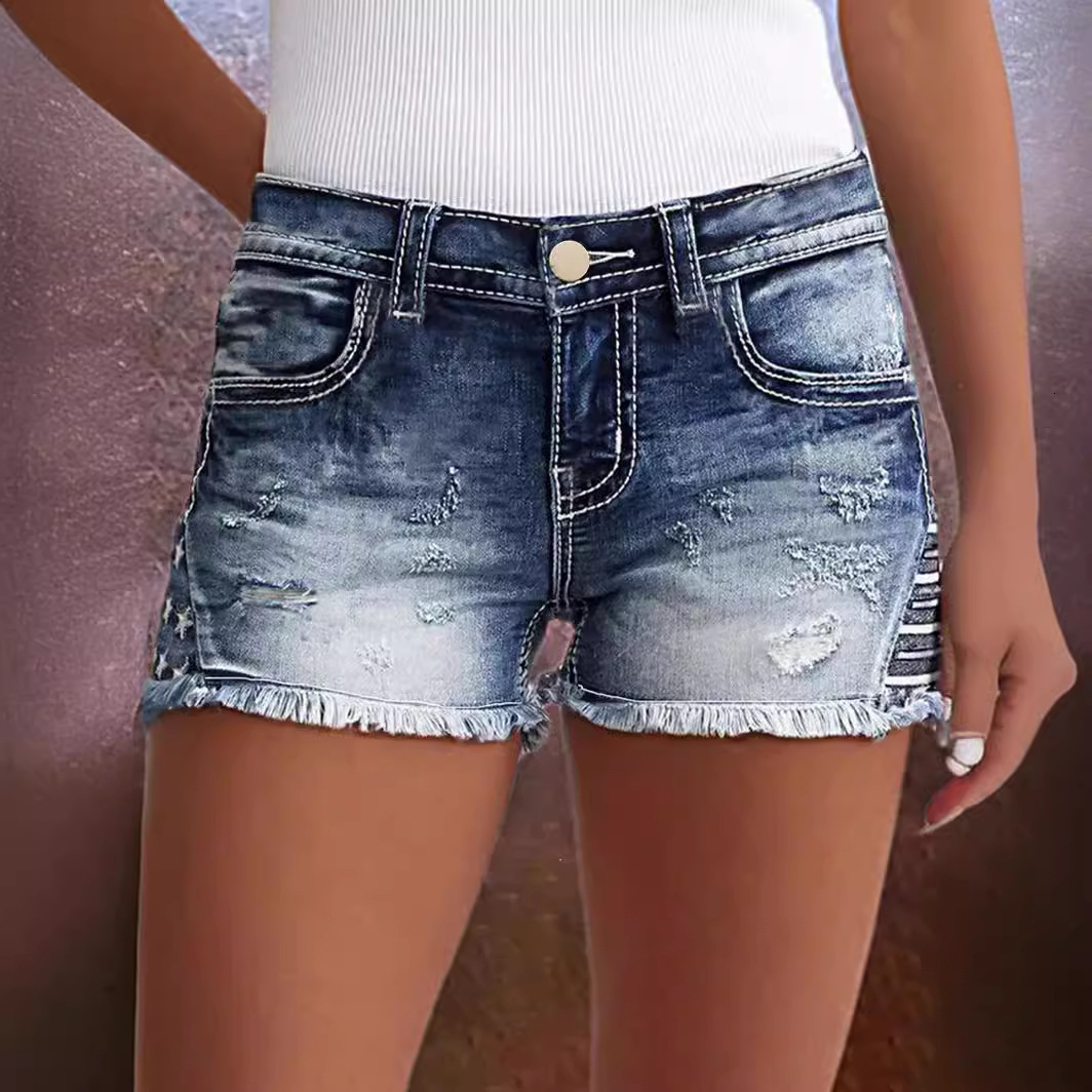 Women's Fashionable Elastic Patch Embroidered Hole Denim Shorts Sexy Hot Pants Women's Shorts