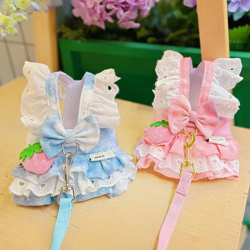 Ultra thin Demin dog dress shoulder strap princess mini teddy bear traction spring summer pet cat suit Ropa Para Perro with belt 250318