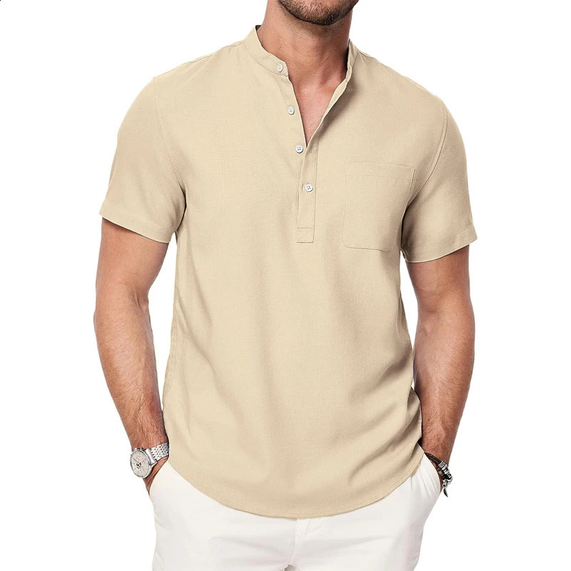 Summer mens short sleeved Henry shirt casual button down lightweight beachwear breathable pocket streetwear 250319