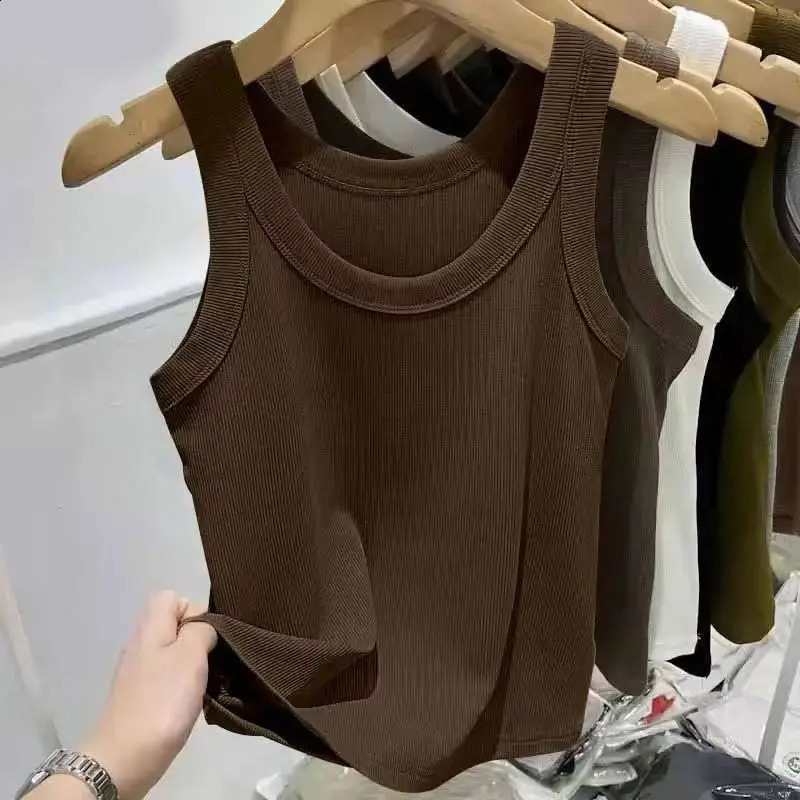 Womens solid round neck ribbed vest womens 2025 summer basic elastic Oneck 250319