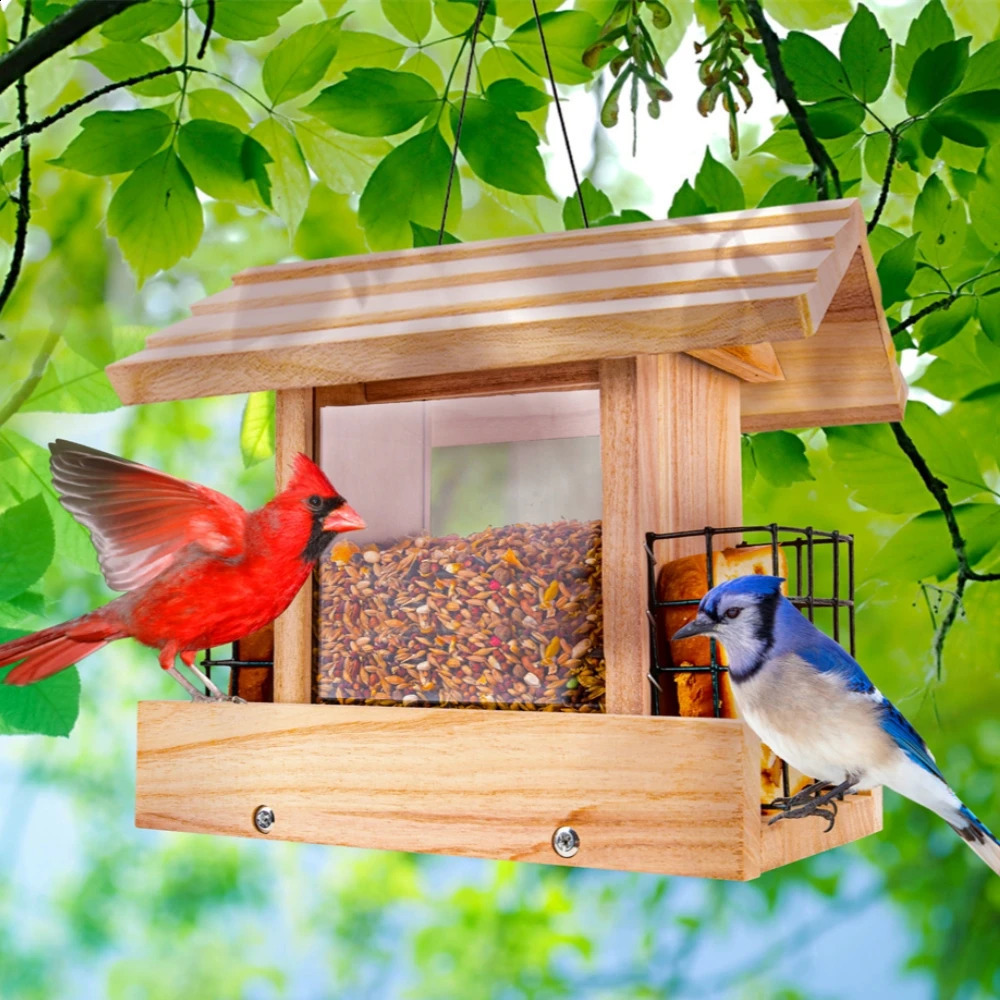 55LB wooden bird automatic feeder food feeding tool hanging outdoor large 250318