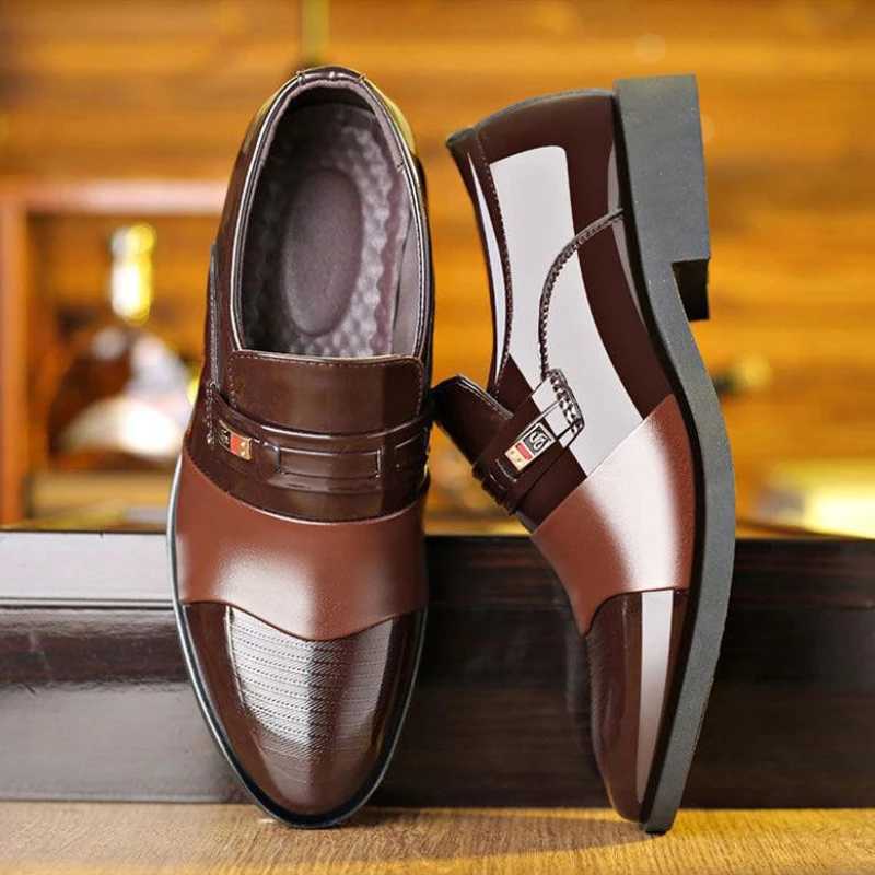 Fi black PU leather shoes slip formal mens shoes Plus size pointtoe wedding shoes mens elegant business casual shoesXJ250319