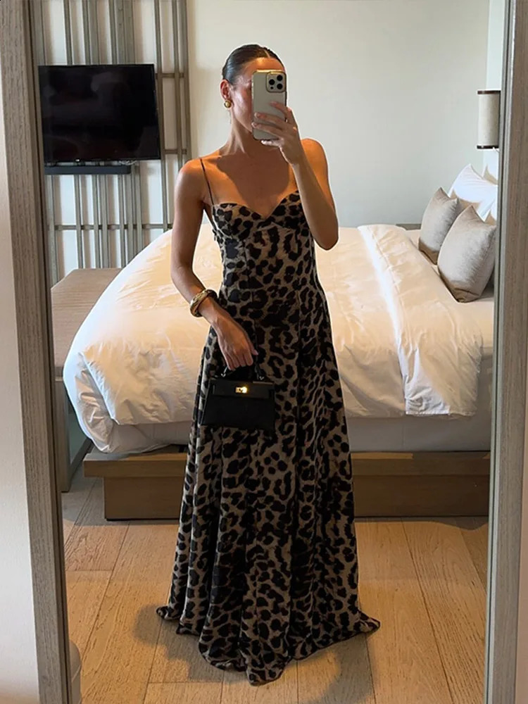Elegant Leopard Slip A-line Long Dress Women Y2K Backless Tube Tops Floor-length Beach Vacation Robes 2025 Summer Lady Dresses 250319