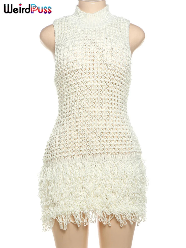 Weird Puss Chic Y2K Dress Women Sexy Crochet AutumnTrend Tassel Hem Sleeveless Stretch Fashion Beach Vacation Clubwear Bodycon 250319