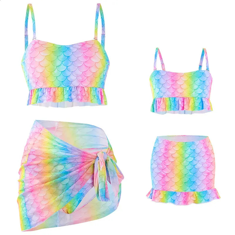 Rainbow Mother Daughter Matching Swimsuits Family Set Mermaid Mommy and Me Swimwear 3pcs Women Girls Bikini Dresses Clothes 250319