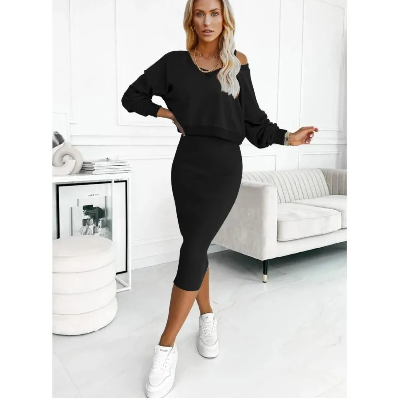 Fashion two piece Set Knit Dress Womens Autumn Sexy V neck Long sleeve pullover top and skirts 2 Piece Set party dresses 250318
