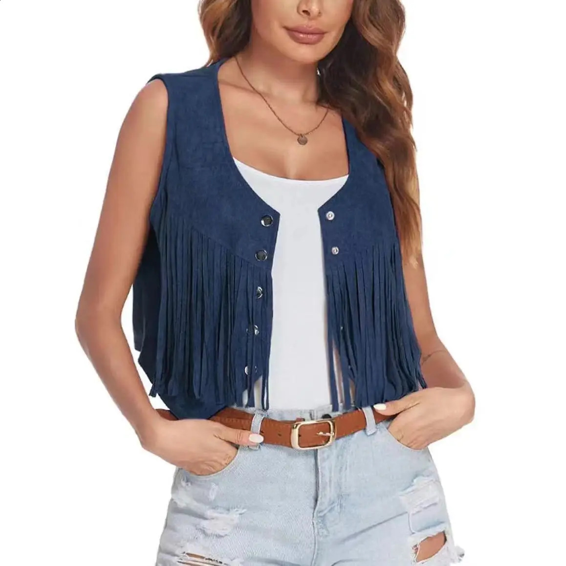 Womens summer retro trend loose tassel vest short jacket ethnic casual metal button coat fully matched elegant sleeveless top 250319