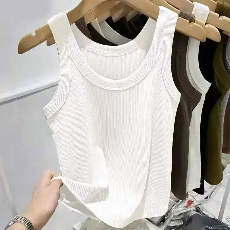 Womens solid round neck ribbed vest womens 2025 summer basic elastic Oneck 250319