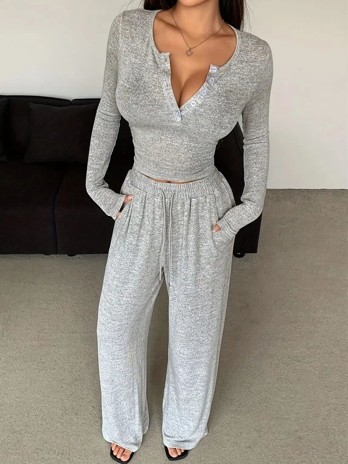 Vneck casual 2piece womens fashionable dragon sleeve ultrathin top high waist straight pants set spring and summer dress 250319