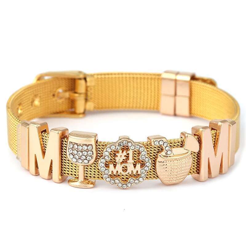 New Arrival I Love Mom Wine Glass Charm Slide Beads With Brand 10mm Stainless Steel Mesh Bracelets For Women Mother Jewelry Gift